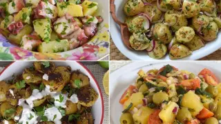 Cuatro ensaladas de patata: con pulpo, con cebolla morada y mostaza, asada con aliño cremoso, y con tomate y aceitunas.
